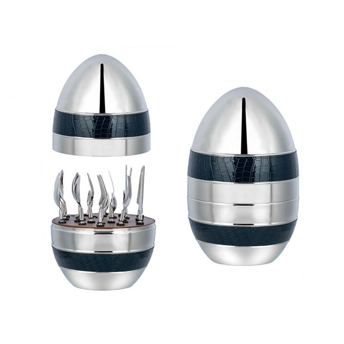 La Medore Blue Croco Leather Egg Cutlery  Stand 22x22x33,5 Cm