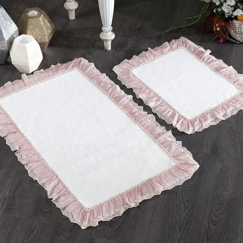 Nazik Home Kitty Çizgi Kumaşlı ve Dantelli 2'li Banyo Paspas Set-Pudra 60x100