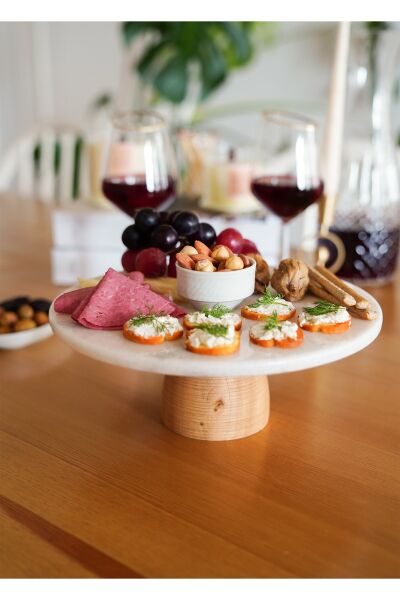 The Mia Marbre Mermer 25 cm Ahşap Ayaklı Beyaz Servis