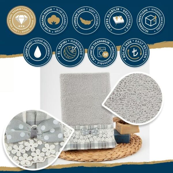 Nazik Home Lucca Pötikare Kumaşlı Dantelli Ve Fiyonklu Havlu Gri 30X50