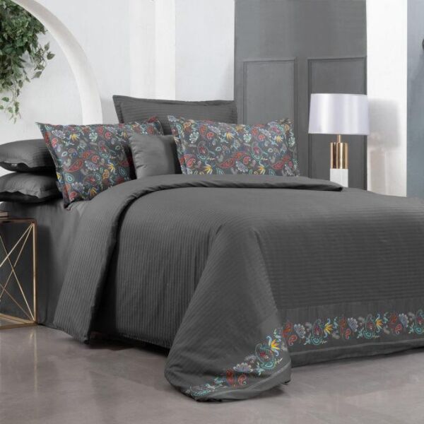 Sarev Tirol Saten Nevresim Takımı King Size 4 Yastık-Gri