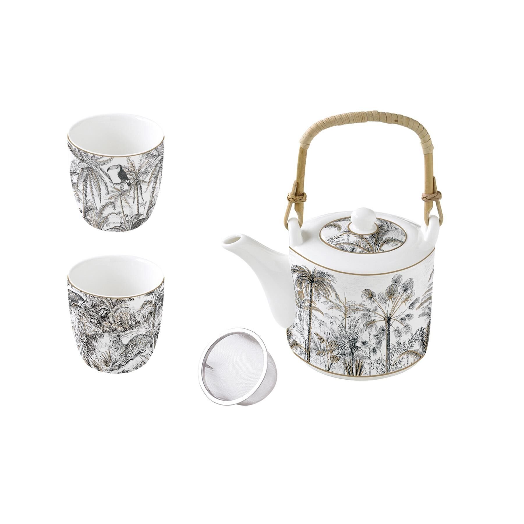 Easy Life Retro Jungle Porselen Çaydanlık 600 ml Metal Demlikli ve 2 Fincanlı 160ml