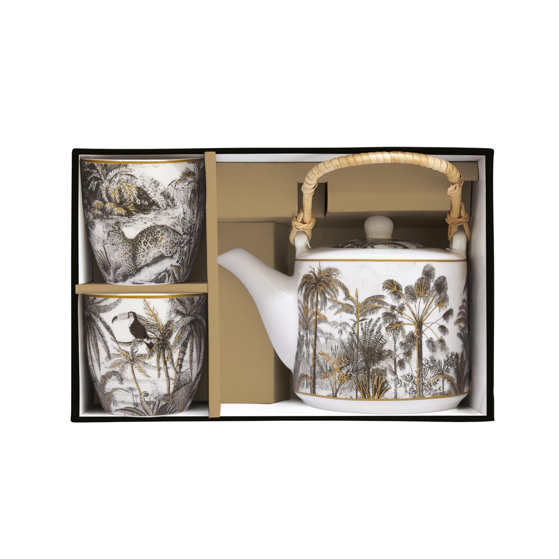 Easy Life Retro Jungle Porselen Çaydanlık 600 ml Metal Demlikli ve 2 Fincanlı 160ml