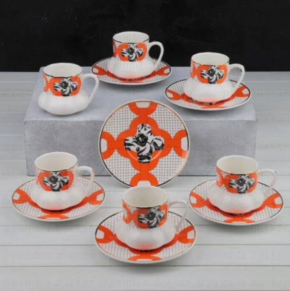Kosova 311-3 Porselen 6'lı Fincan Takımı Geniş Maksimo Orange