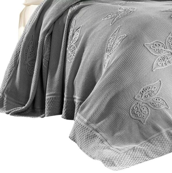 Nazik Home Alegra El Yapımı Triko Nakışlı Battaniye Gri Çift Kişilik