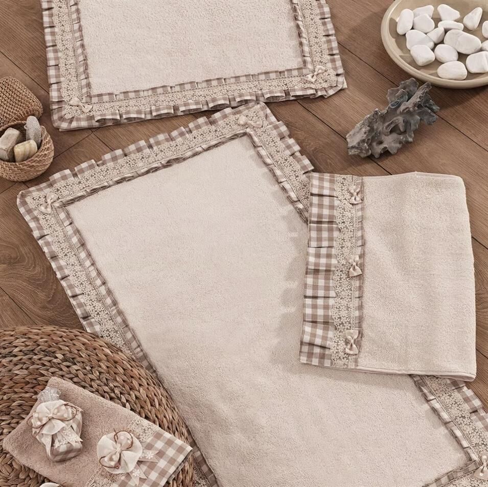 Nazik Home Lucca Pötikareli İkili Banyo Paspas Seti + Havlu Hediyeli Bej