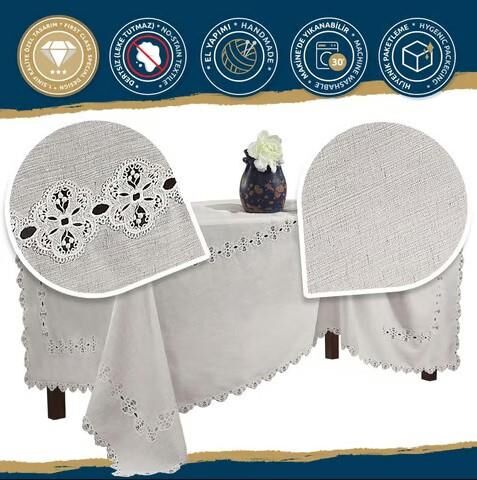 Nazik Home Doria Dantelli Leke Tutmaz Masa Örtüsü Krem 160X260