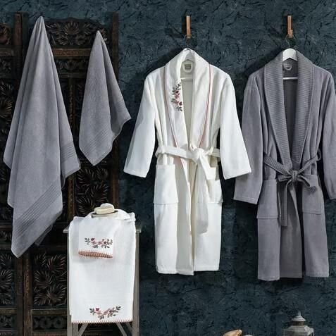 Nazik Home Kayra Kadın & Erkek 6 Parça Aile Bornoz Seti Krem / Gri Standart