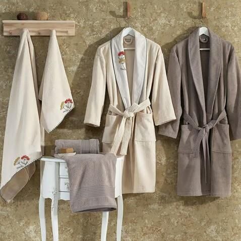 Nazik Home Galia Kadın & Erkek 6 Parça Aile Bornoz Seti Naturel Vizon Standart