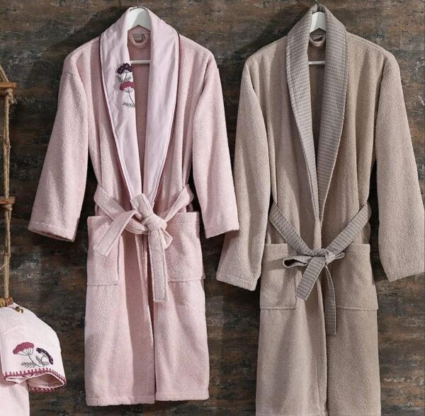 Nazik Home Galia Kadın & Erkek 6 Parça Aile Bornoz Seti Pudra / Bej Standart