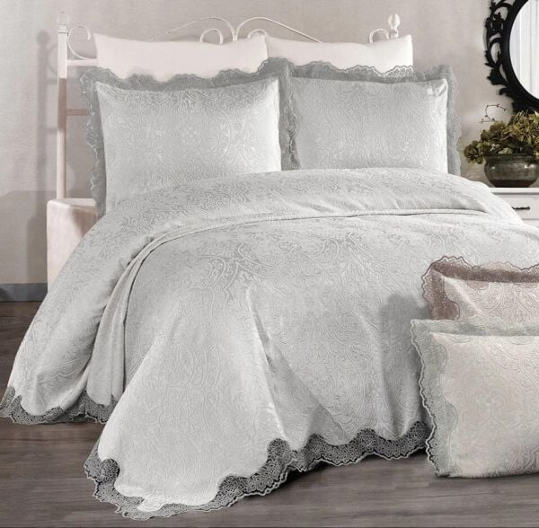 Nazik Home Leo Dantelli Yatak Örtüsü Gri Çift Kişilik