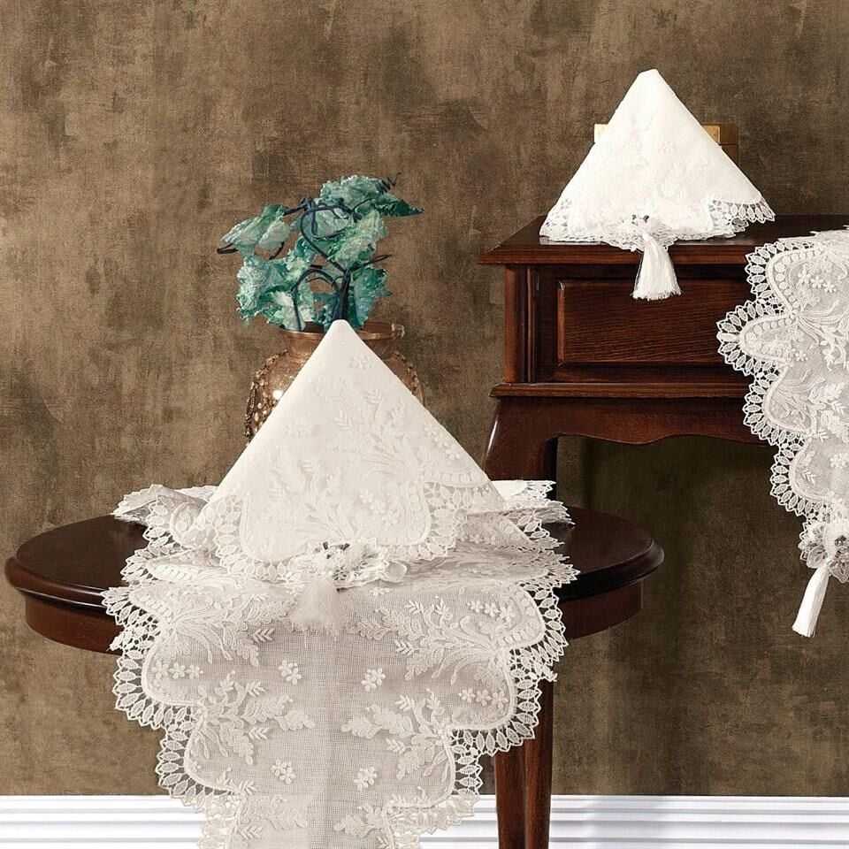 Nazik Home Clara Dantelli Leke Tutmaz 5 Parça Salon Oda Takımı Bej Standart