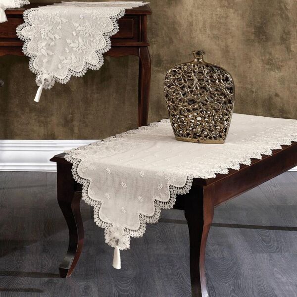 Nazik Home Clara Dantelli Leke Tutmaz 5 Parça Salon Oda Takımı Bej Standart