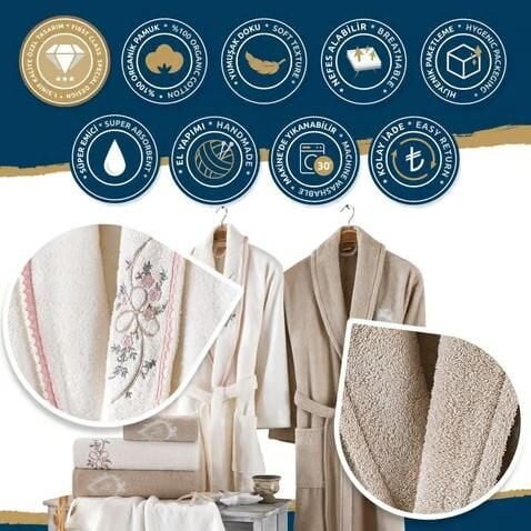 Nazik Home Begonya Kadın & Erkek 6 Parça Aile Bornoz Seti Pudra / Gri Standart