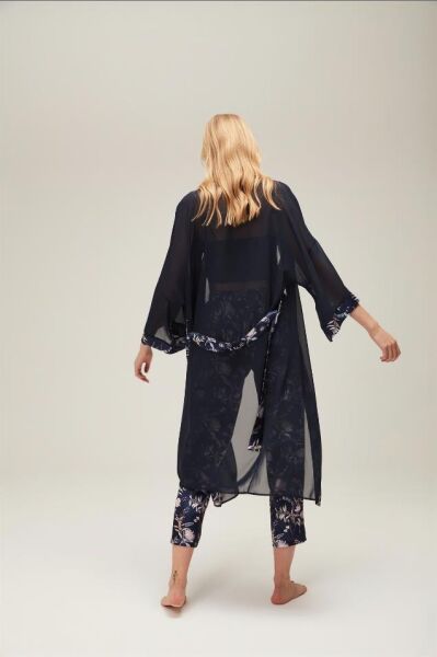 Nazik Home Mia Sabahlık Pantolon Büstiyer 3'lü Takım Lacivert M