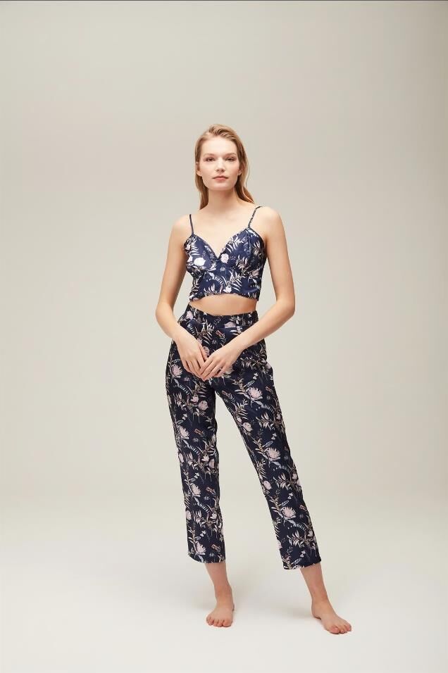 Nazik Home Mia Sabahlık Pantolon Büstiyer 3'lü Takım Lacivert XL