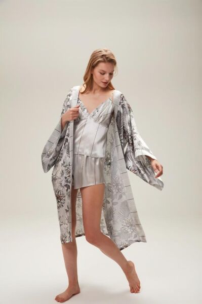 Nazik Home Zen Sabahlık Şort Büstiyer 3'lü Takım Gri S