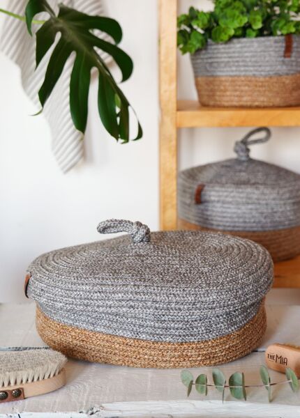 The Mia Jutte Kapaklı Oval Sepet Bambu Gri 35x24x12 cm