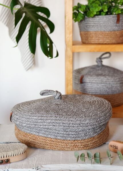 The Mia Jutte Kapaklı Oval Sepet Bambu Gri 35x24x12 cm