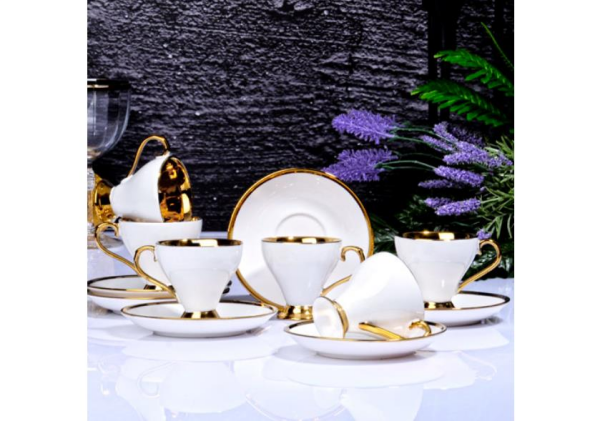 Kosova İst-77 Porselen 90cc 6'lı Yaldız Ayaklı Fincan Takımı Whitw Tabak Gold
