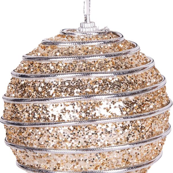 Yılbaşı Topu Pullu Gümüş Şerit İp Desenli 2 li Paket Şampanya 9 cm