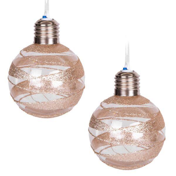 Yılbaşı Topu Ampul Led Işıklı Gold Simli Desenli 2 li Paket Şampanya 7 cm