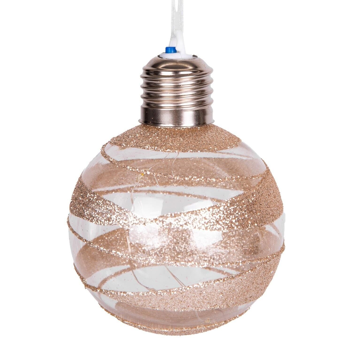 Yılbaşı Topu Ampul Led Işıklı Gold Simli Desenli 2 li Paket Şampanya 7 cm