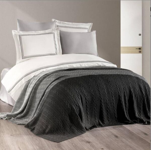 Nazik Home Trend Nevresim Takımı + Triko Battaniye 7 Parça Seti Gri Çift Kişilik
