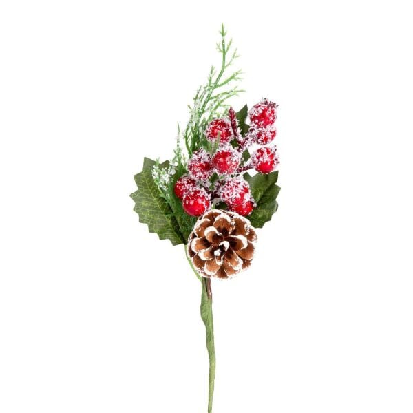 Yılbaşı Çiçeği Pike Berry Kozalaklı Karlı Kırmızı- Yeşil 24 Cm.