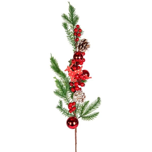 Yılbaşı Çiçeki Pike Berry Karlı Kozalaklı Geyikli ve Toplu Kırmızı-Yeşil 85 cm