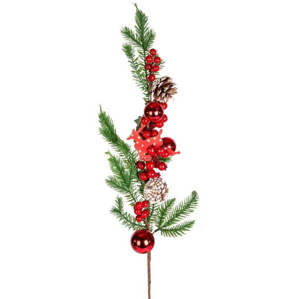 Yılbaşı Çiçeki Pike Berry Karlı Kozalaklı Geyikli ve Toplu Kırmızı-Yeşil 85 cm