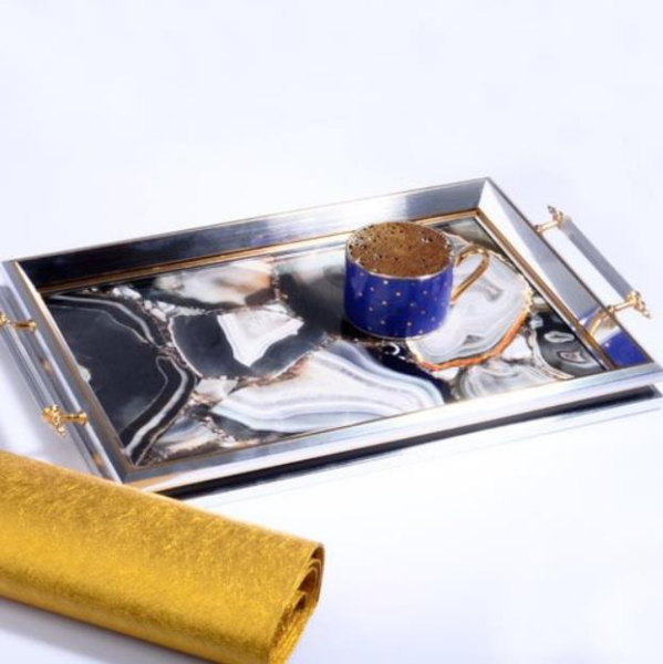 Kosova Ga-226 Kulplu Lüx Dikdörtgen Tepsi 50 x 31 Gümüş Altın