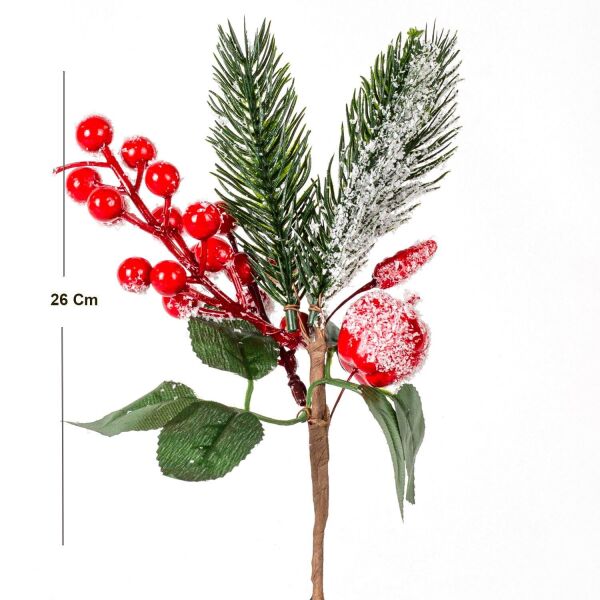 Yılbaşı Çiçeği Karlı Elma Dekorlu Berry Pike Kırmızı-Yeşil 27 Cm.