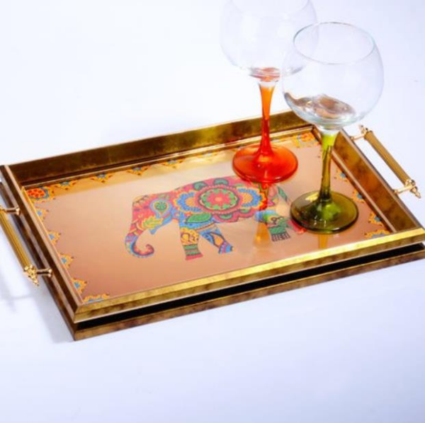 Kosova A-255 Kulplu Lüx Dildörtgen Tepsi Sarı Gold Fil