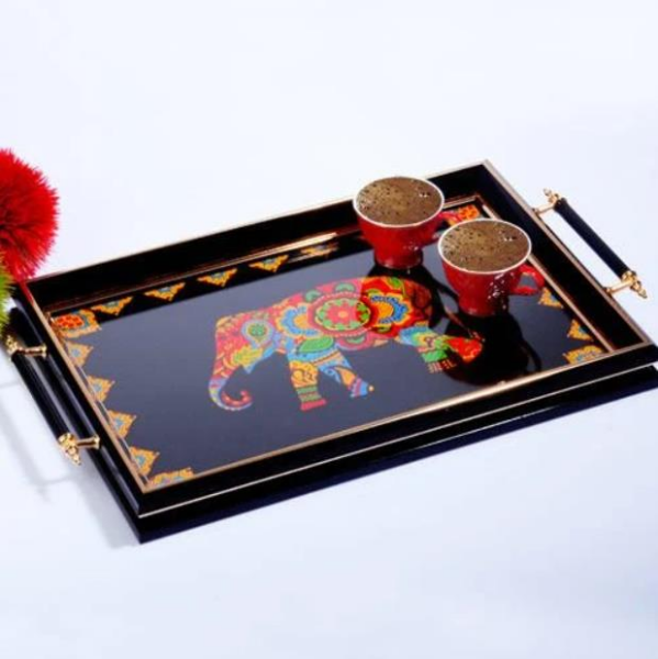 Kosova SA-257 Kulplu Lüx Dikdörtgen Tepsi Siyah Fil