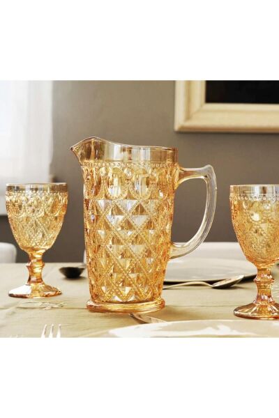 Easy Life Rölyef Süslemeli 4 lü Cam Kadeh Seti Amber - 400 ml