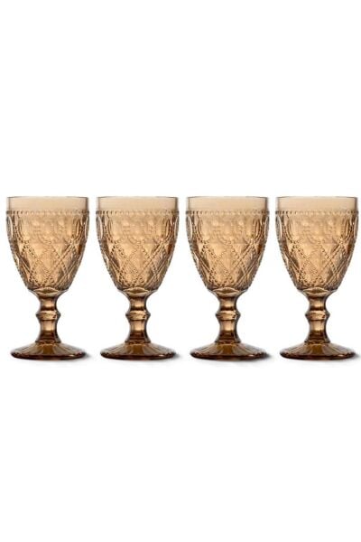 Easy Life Rölyef Süslemeli 4 lü Cam Kadeh Seti Amber - 400 ml