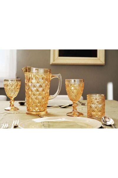 Easy Life Rölyef Süslemeli 4 lü Cam Kadeh Seti Amber - 400 ml