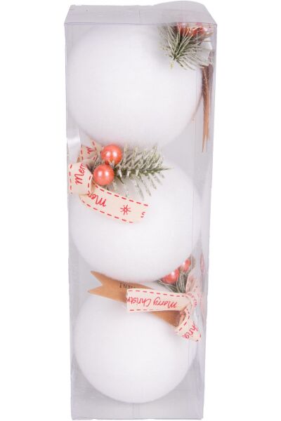 Yılbaşı Topu Yılbaşı Dekorlu 3lü Beyaz 8cm