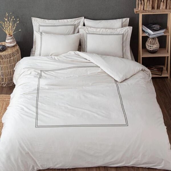 Ecocotton Lavin Çift Kişilik Nevresim Takımı %100 Organik Pamuk Saten Nakışlı Bej / Yeşil CK