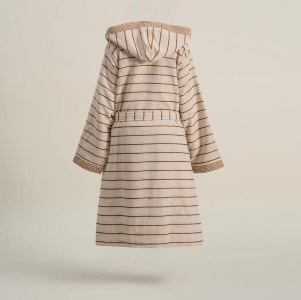 Ecocotton Arden Kadın Bornoz %100 Organik Pamuk Kenevir Karışımlı Bornoz Çizgili Hardal S