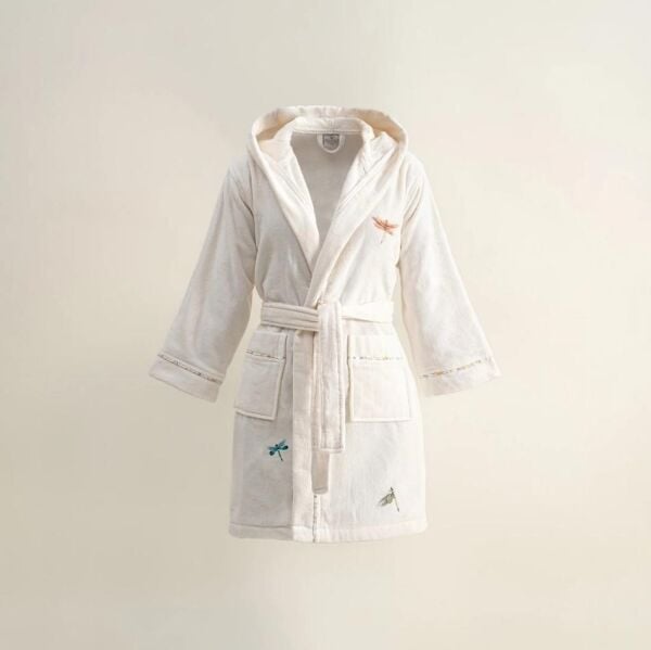 Ecocotton Nina Kız Çocuk Bornoz %100 Organik Pamuk Nakışlı Krem / Sarı 7-8 Yaş