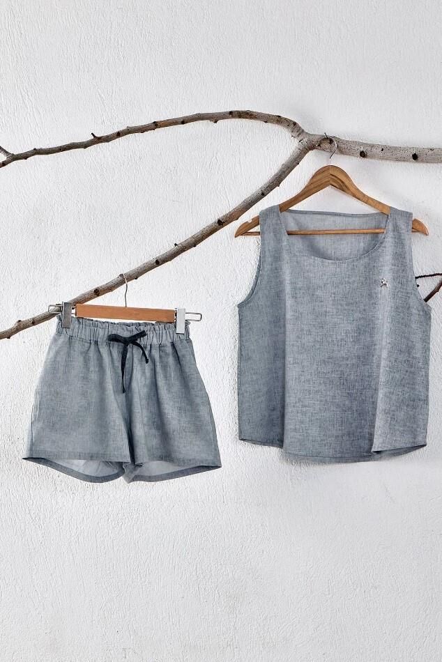 Ecocotton Helen Kadın Şortlu Pijama Takımı %100 Organik Pamuk Keten Karışımlı Antrasit M