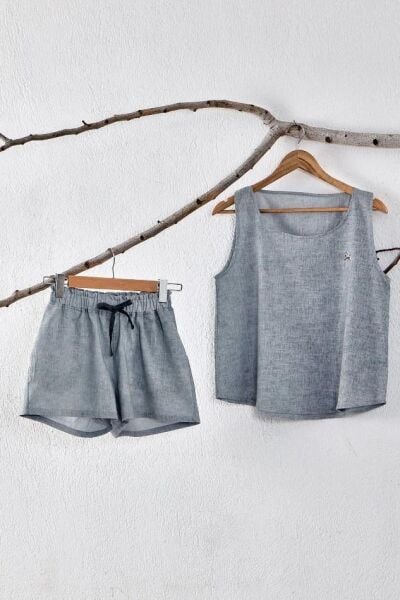 Ecocotton Helen Kadın Şortlu Pijama Takımı %100 Organik Pamuk Keten Karışımlı Antrasit M