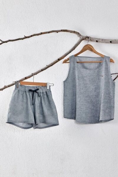 Ecocotton Helen Kadın Şortlu Pijama Takımı %100 Organik Pamuk Keten Karışımlı Antrasit M