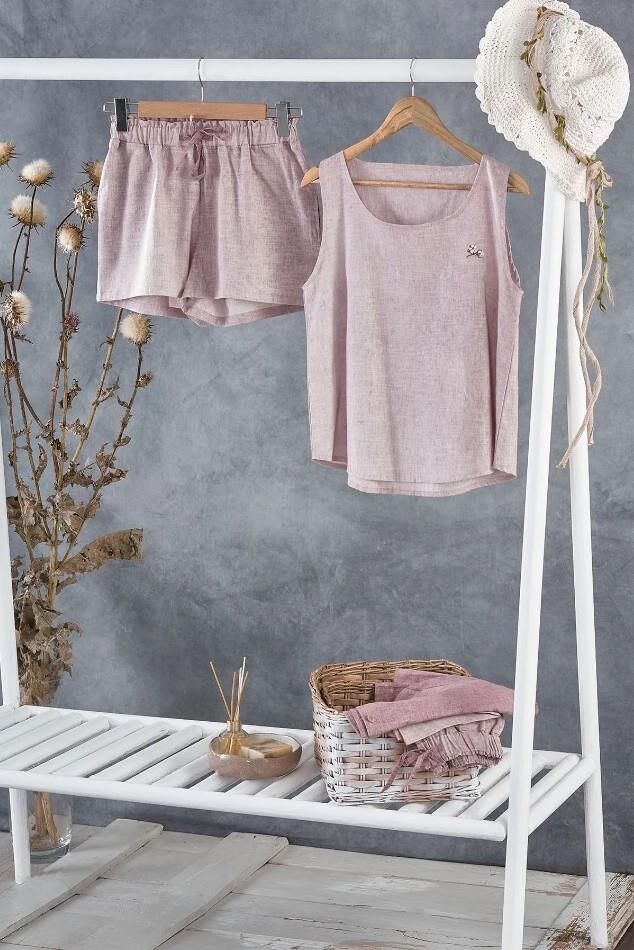 Ecocotton Helen Kadın Şortlu Pijama Takımı %100 Organik Pamuk Keten Karışımlı Mürdüm M
