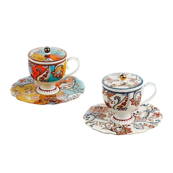 Lucky Art Paisley Bone 2li Kapakli Çay Fincani Seti 150cc