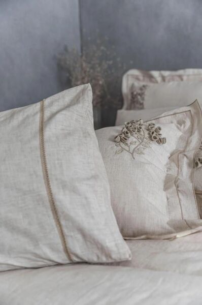 Ecocotton Masal Battal Boy Nevresim Takımı %100 Organik Pamuk Keten El Nakışlı Bej CK