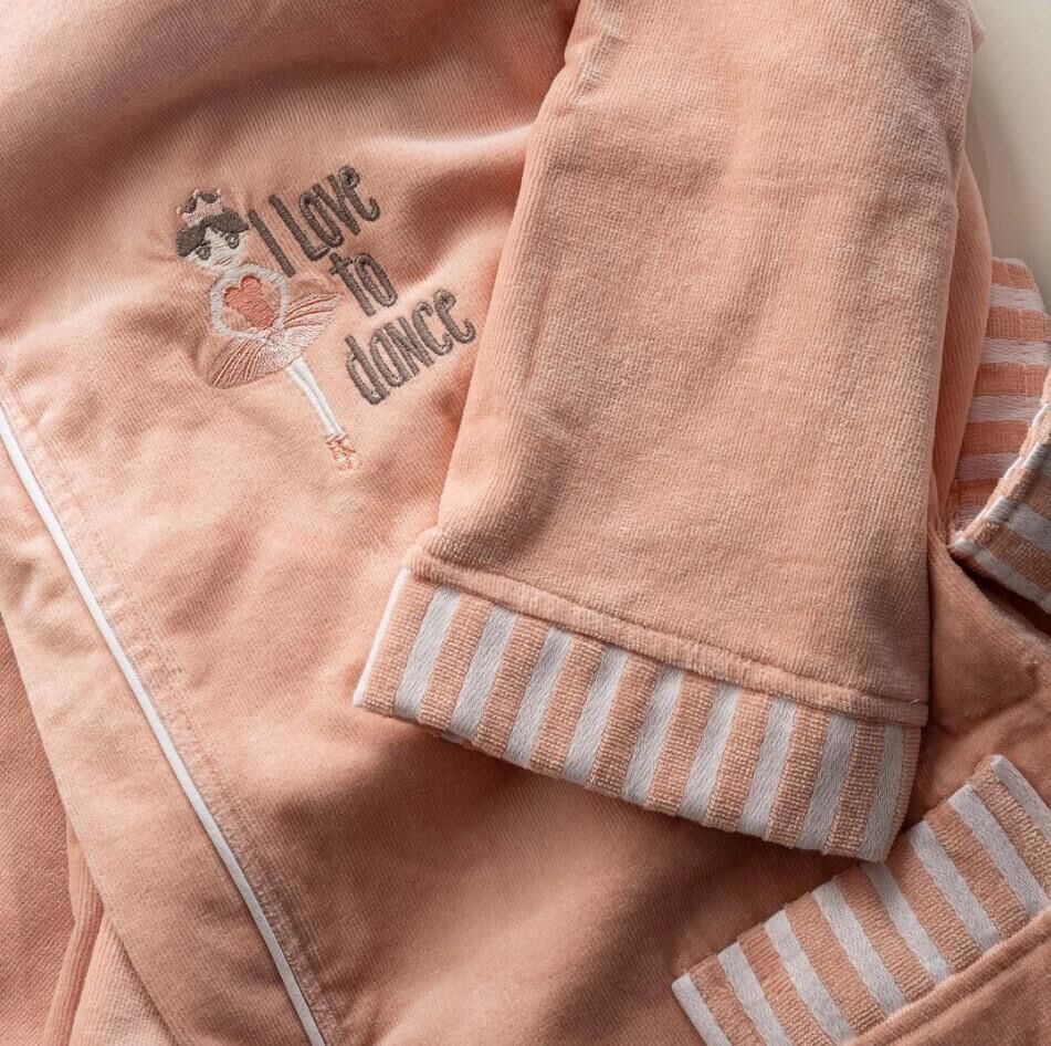Ecocotton Balerin Kız Çocuk Bornoz %100 Organik Pamuk Nakışlı Pudra 5-6 Yaş
