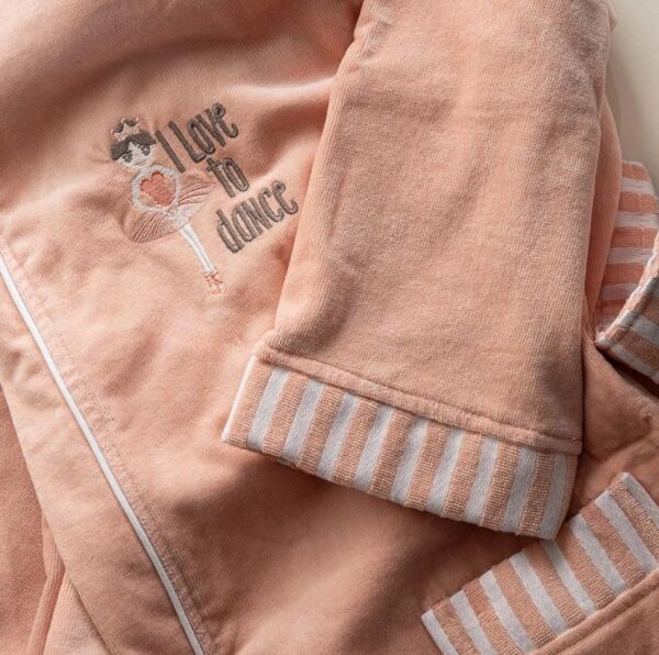 Ecocotton Balerin Kız Çocuk Bornoz %100 Organik Pamuk Nakışlı Pudra 5-6 Yaş